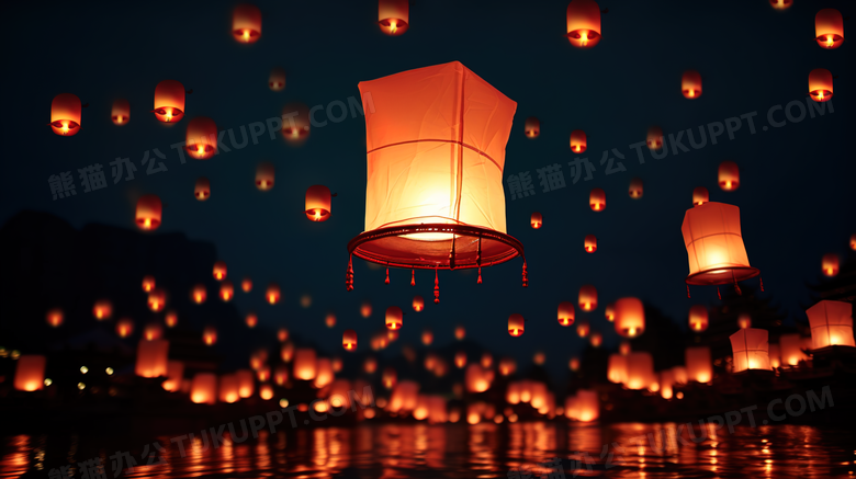 夜晚天空中的孔明灯图片