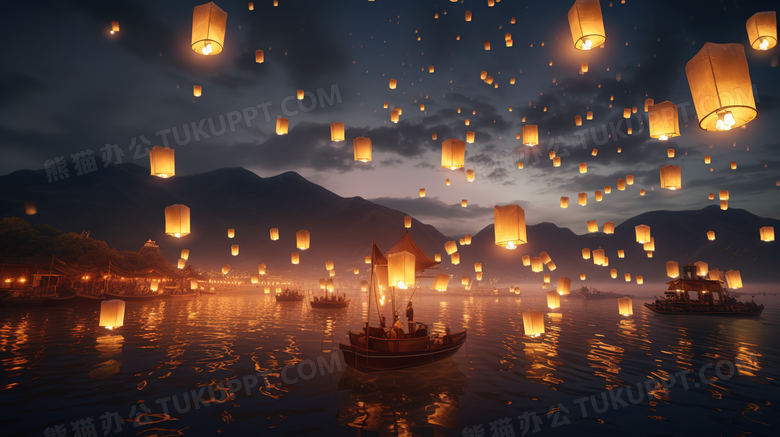 夜晚天空中的孔明灯图片