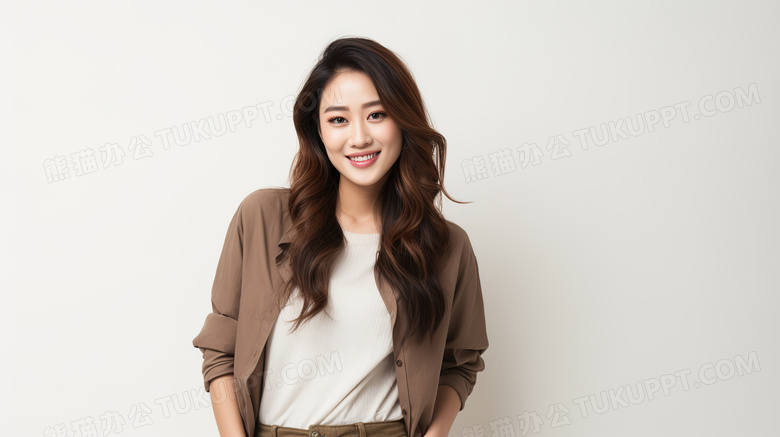 穿着棕色衬衫拍摄时尚大片的亚洲美女模特图片