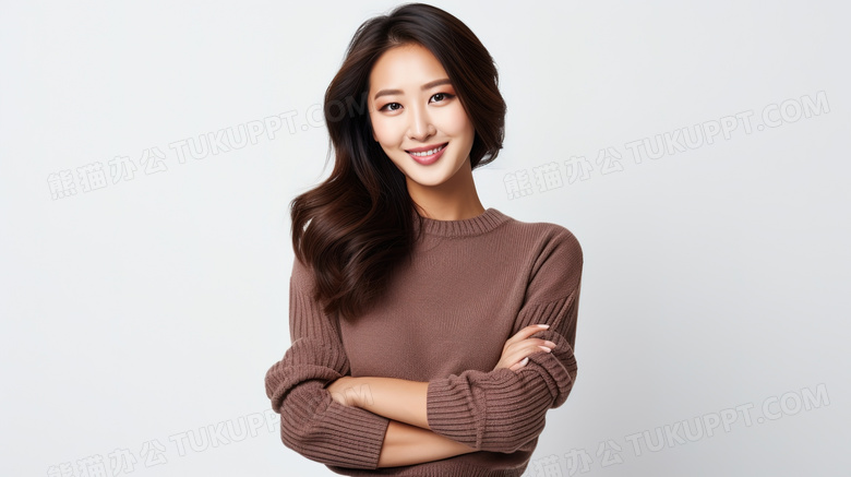 穿着棕色毛衣外套拍摄时尚大片的亚洲美女模特图片