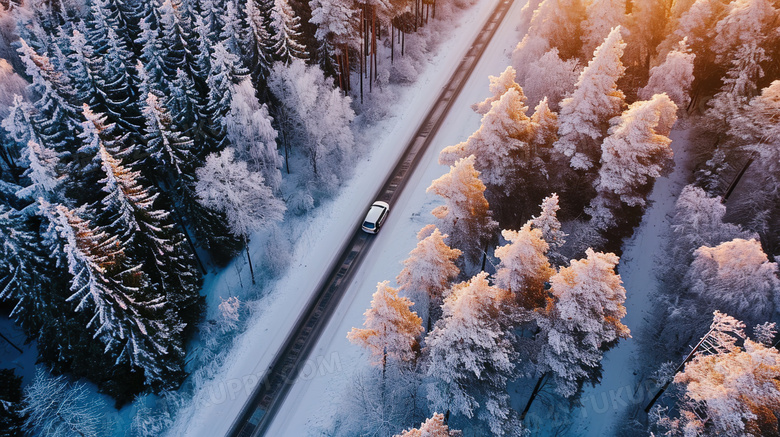 冬季积雪松树林中的公路上行驶的车辆俯视图图片