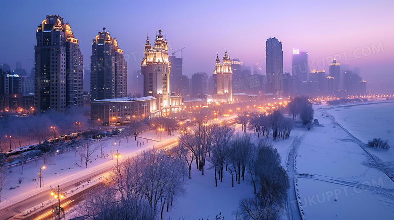北方寒冷的冬天城市风景