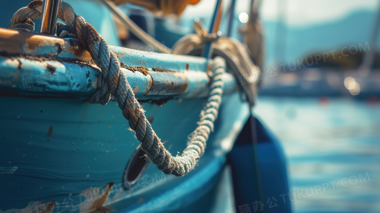 大海里船只上的缆绳特写图片