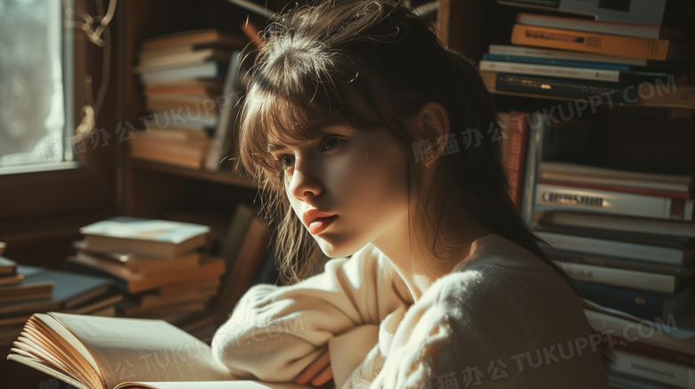 书房里认真学习的女生图片