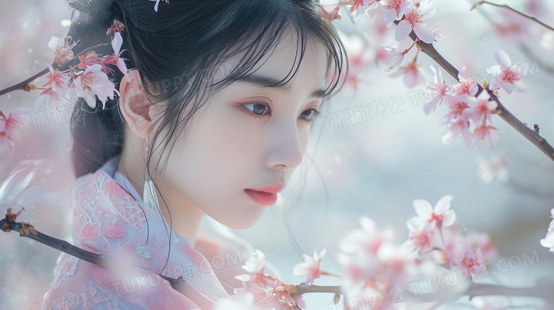 粉色樱花树下的少女写真图片