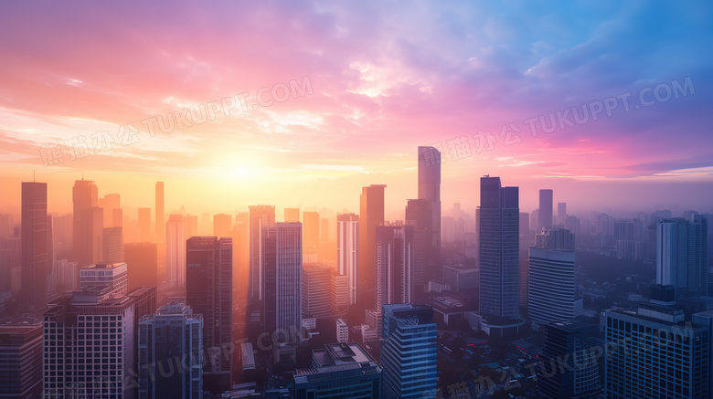 夕阳下的城市商业中心建筑群图片