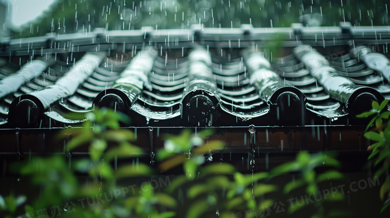 中国风谷雨雨季滴雨的屋檐图片