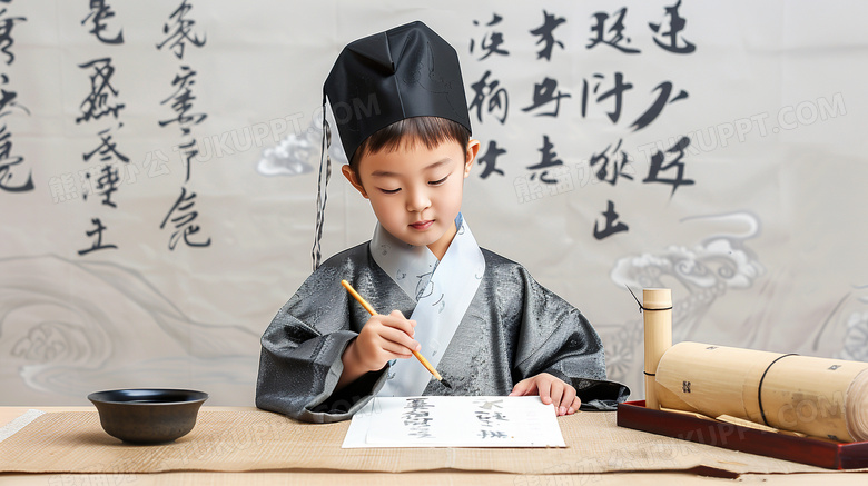 国学馆书法班穿着传统服饰的男孩