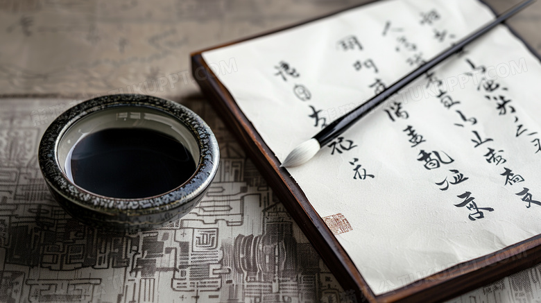书法毛笔字桌面笔墨纸砚特写