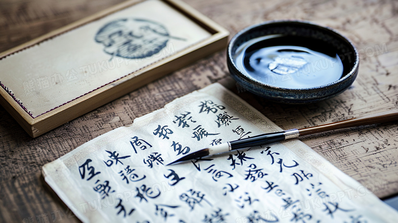 书法毛笔字桌面笔墨纸砚特写