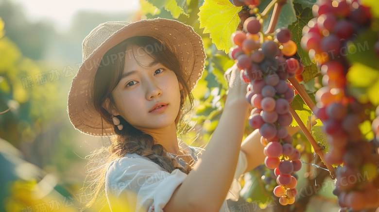 少女采摘成熟的葡萄图片