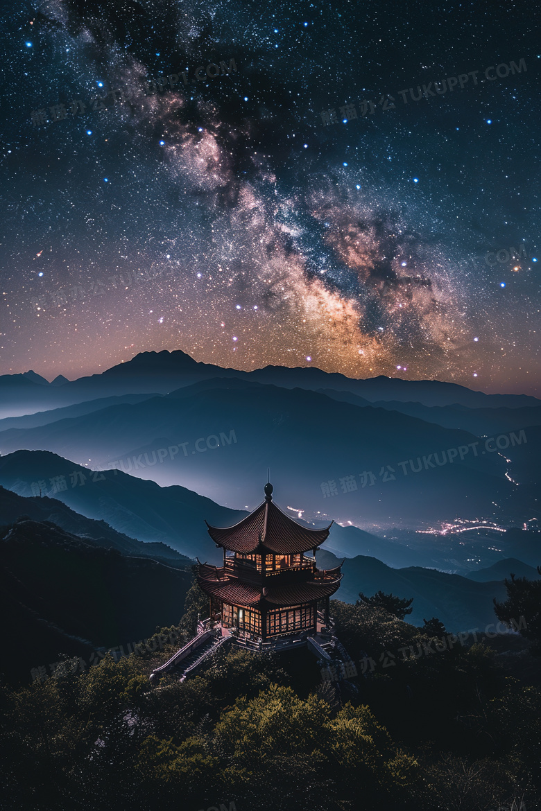 星空下的中式塔楼图片