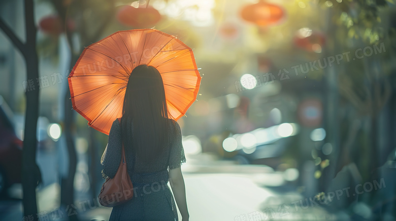 女生打着太阳伞背影的摄影图