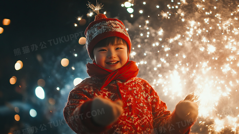 穿着新年衣服的小孩在放烟花图片