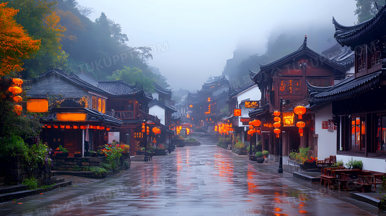 秋天雨后古镇中式古建筑石板路图片