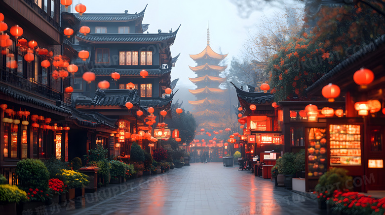 古镇中式古建筑街道灯笼六角塔图片