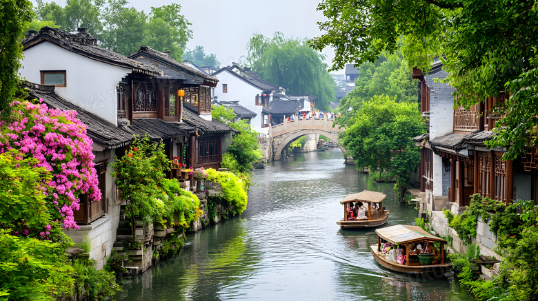 江南水乡古镇中式古建筑小河小船图片