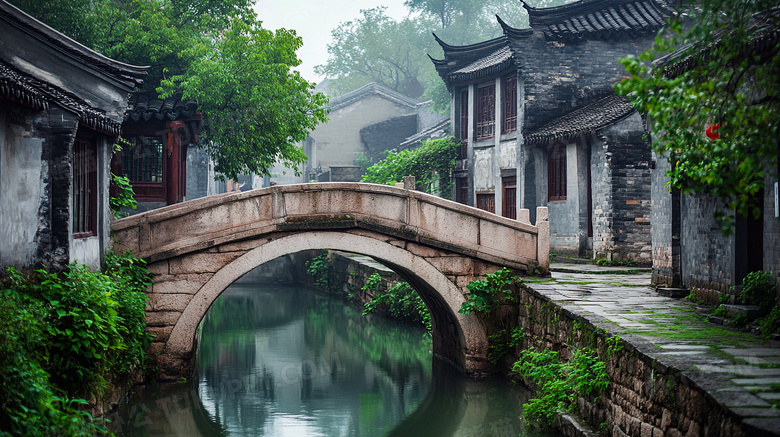 中式古镇建筑石桥图片