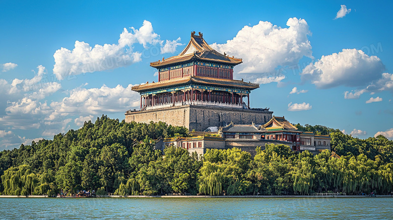 天空云层中式建筑山水风光图片