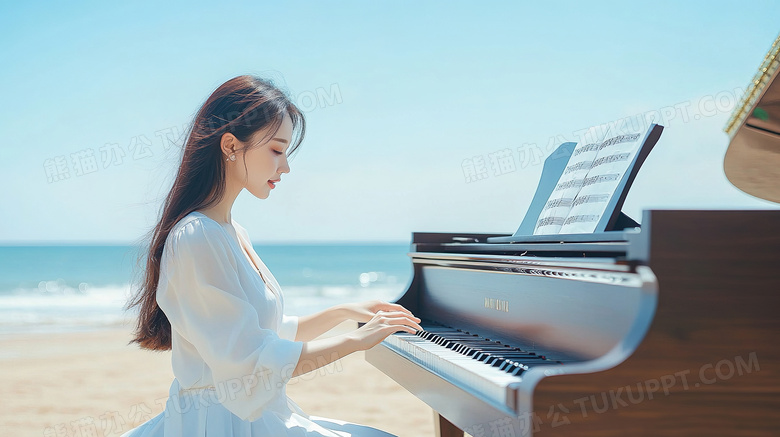 女子在海边弹钢琴唯美图片