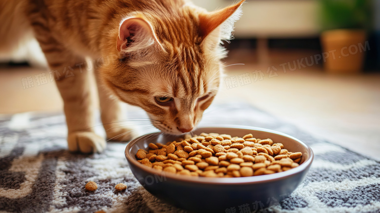 低头吃猫粮的橘猫图片