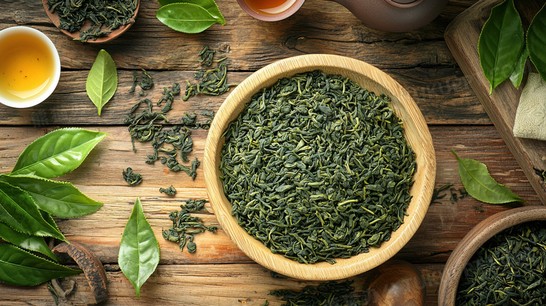 箩筐里的晒干农产品茶叶图片