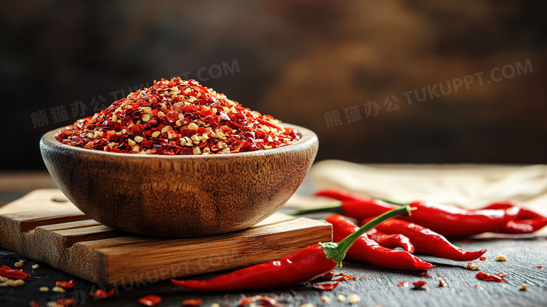 碗里的辣椒粉和周围散落的辣椒图片