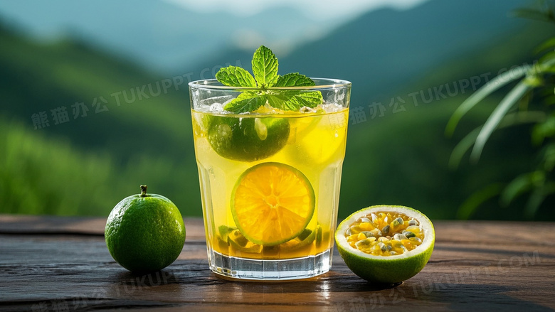 一杯青桔金桔百香果正视角度透明玻璃杯中装有黄色茶饮