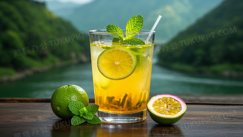 一杯青桔金桔百香果正视角度透明玻璃杯中装有黄色茶饮