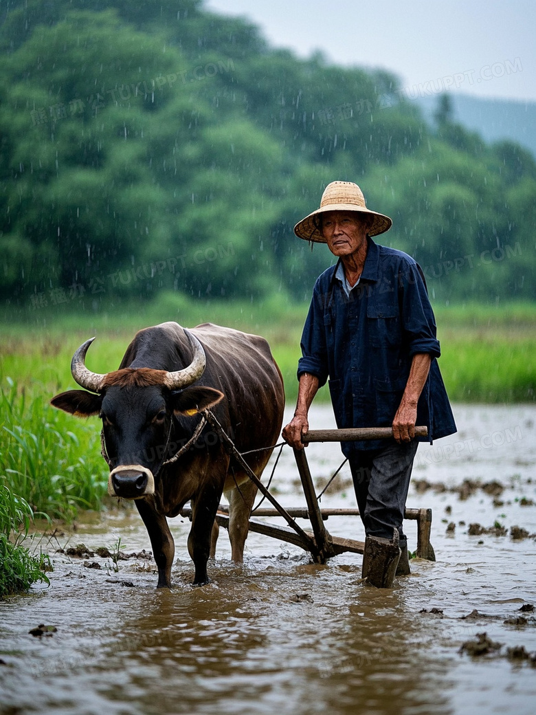 一个中国老农民在大雨中一牛在拉犁
