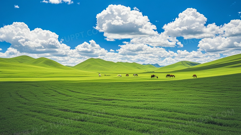 蓝天白云天气很好天空下的绿色草原田野风景图片