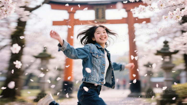 动态抓拍樱花雨瞬间牛仔外套少女跳跃接花瓣