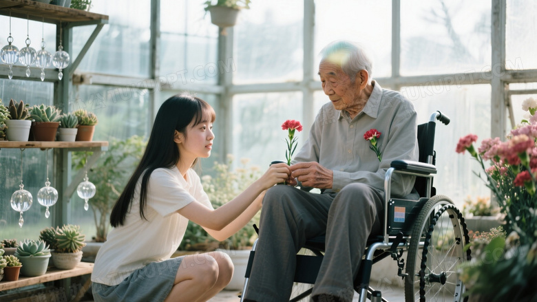 玻璃花房内跨代互动抓拍