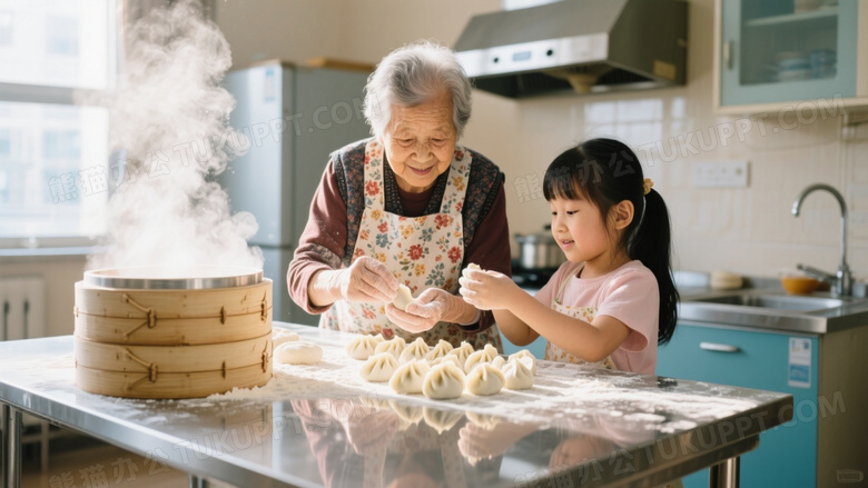 敬老院厨房互动跟拍奶奶和孙女一起包饺子