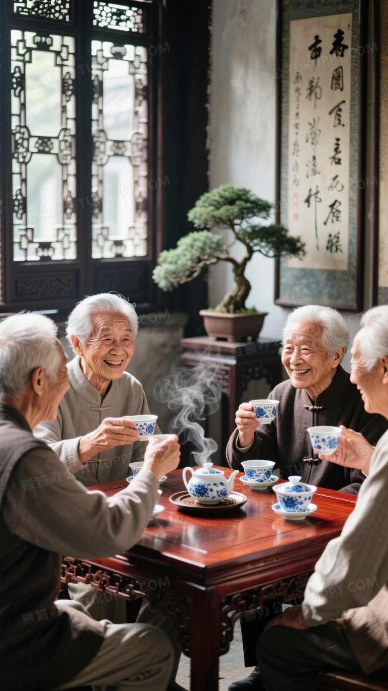 复古茶馆内四位银发老人围坐红木茶桌