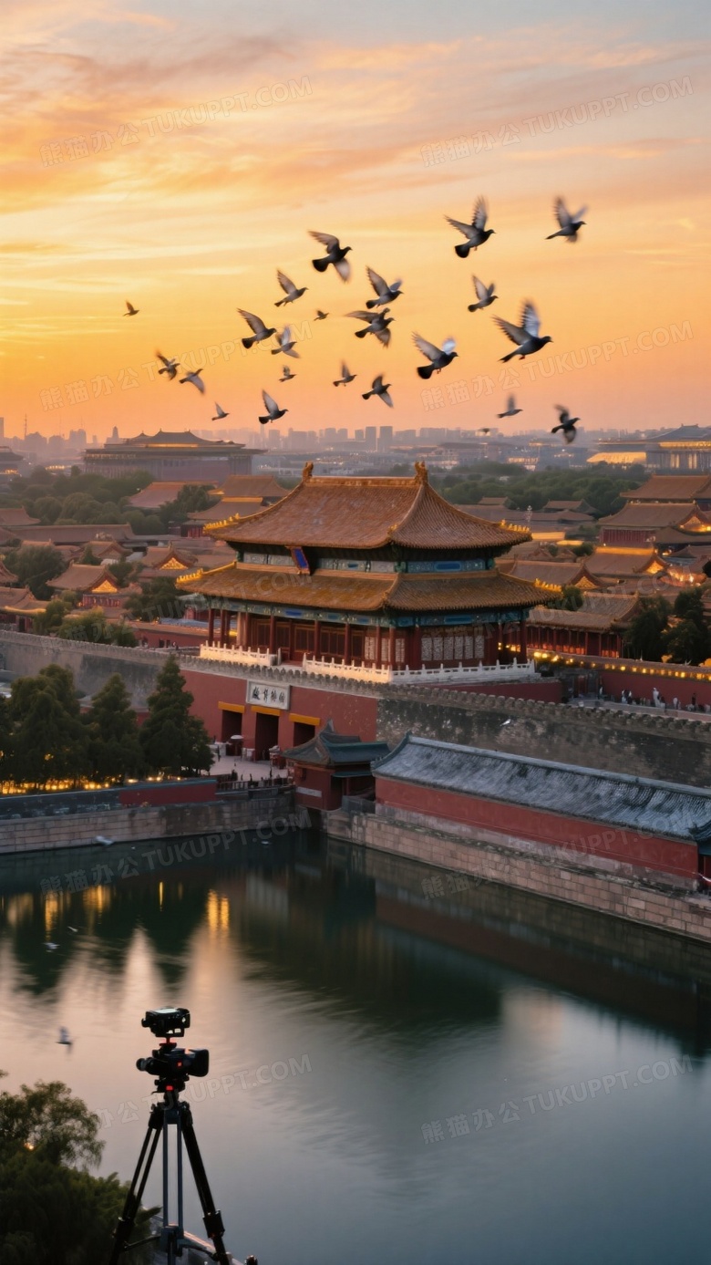 故宫暮色全景航拍晚霞将天空染成琥珀色