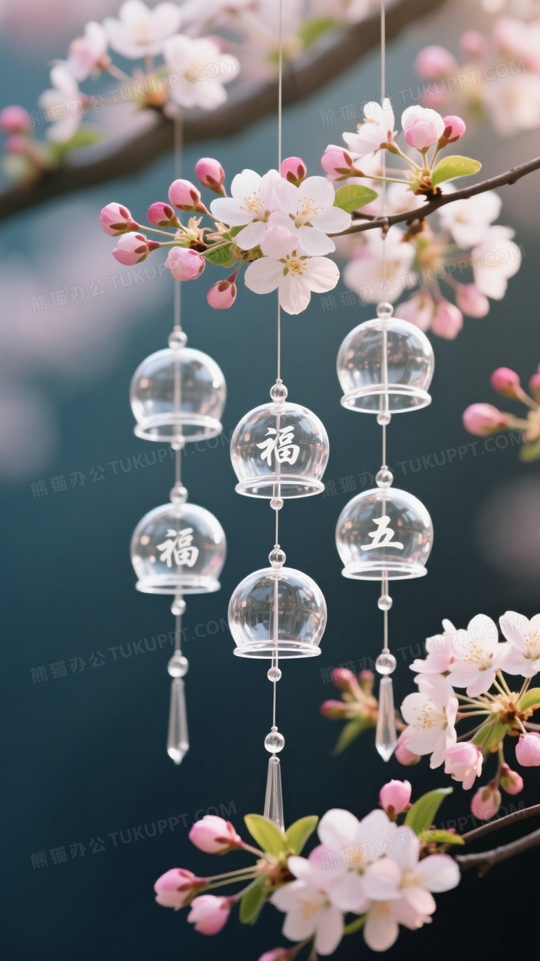 海棠花开满花花骨朵挂五个水晶透明风铃