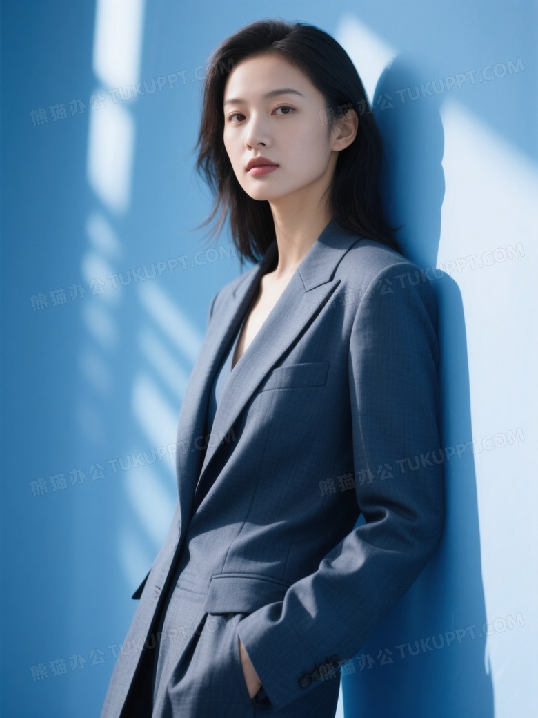 一个穿着西服的女人靠着