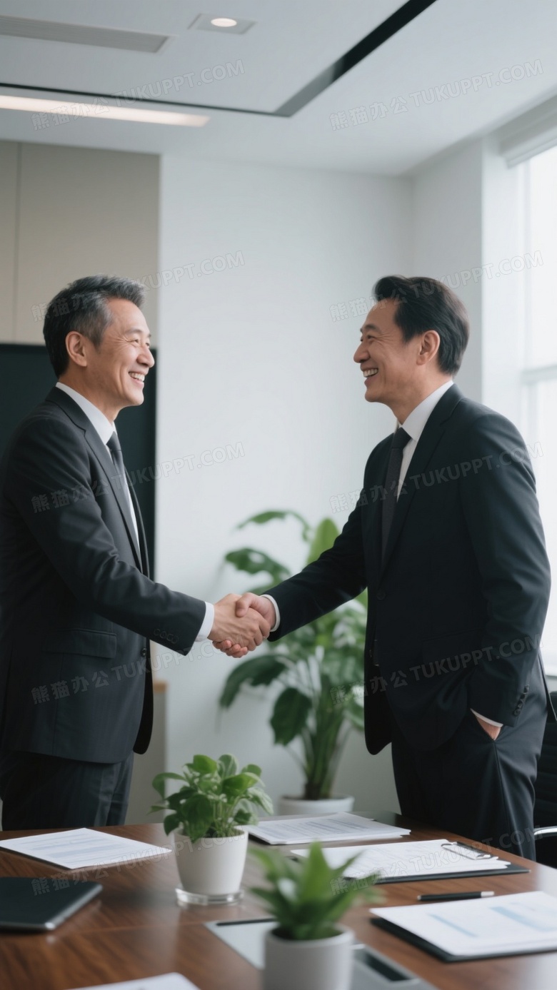 两个中年商务人士在会议室亲切握手