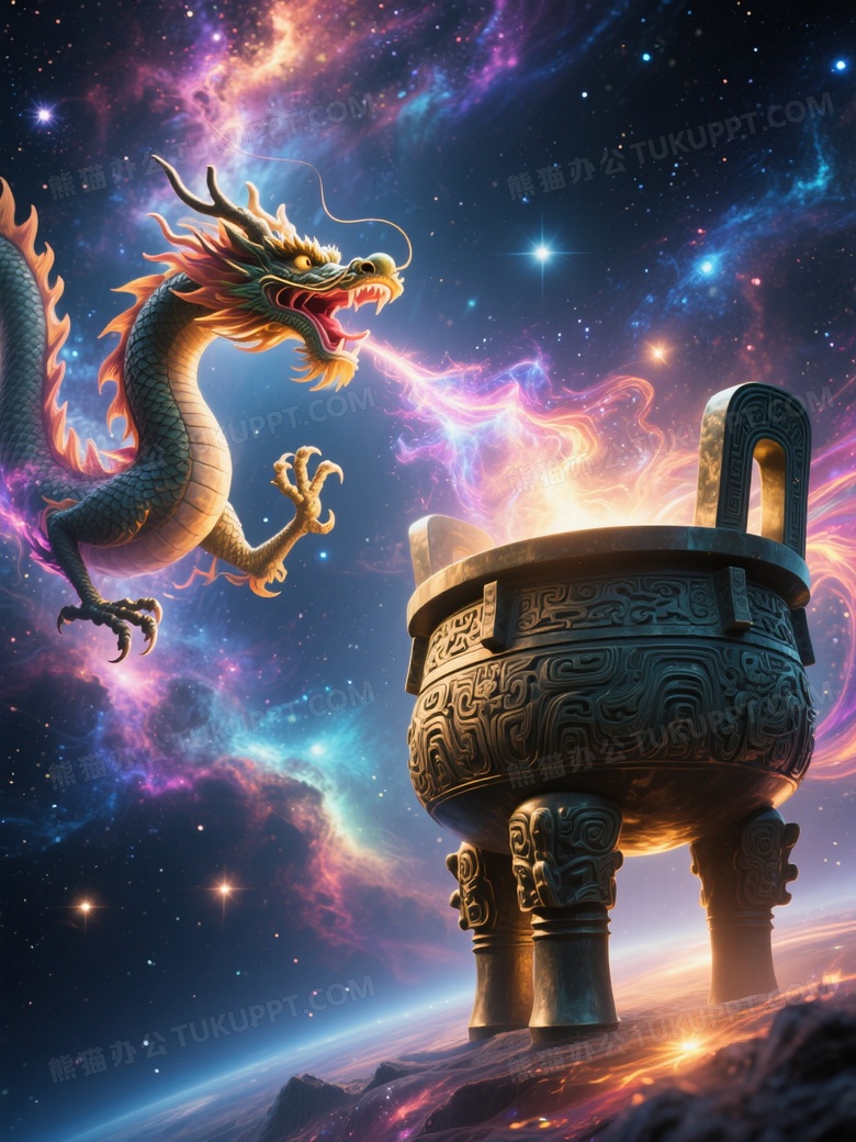 神农鼎和中国龙置身于宇宙的绚丽星河之中