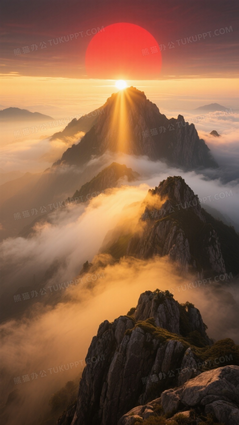 在高耸的山顶之上一轮红彤彤的太阳高高升起