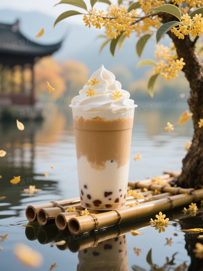 一杯桂花奶茶奶油雪顶饮品