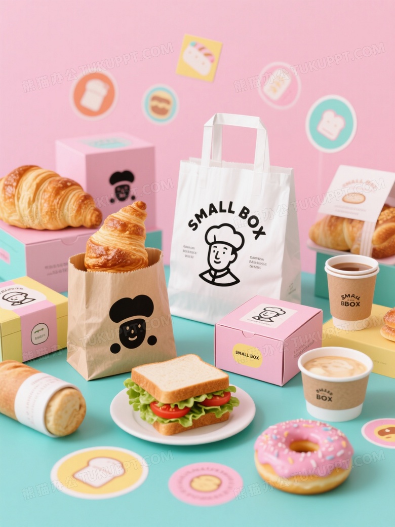 以马卡龙色为背景展示一系列烘焙食品包装及食品