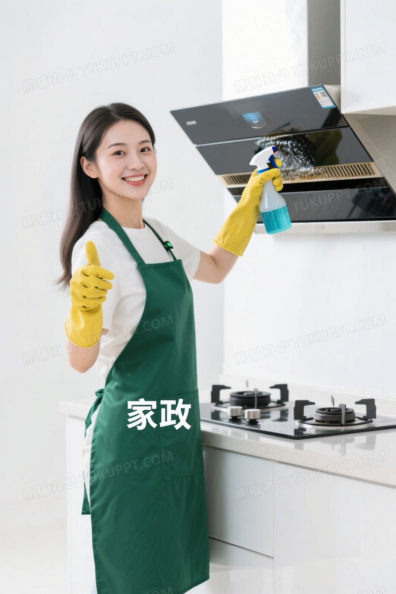 在商业摄影中一位年轻美丽的亚洲女性穿着绿色围裙在厨房清洗油烟机