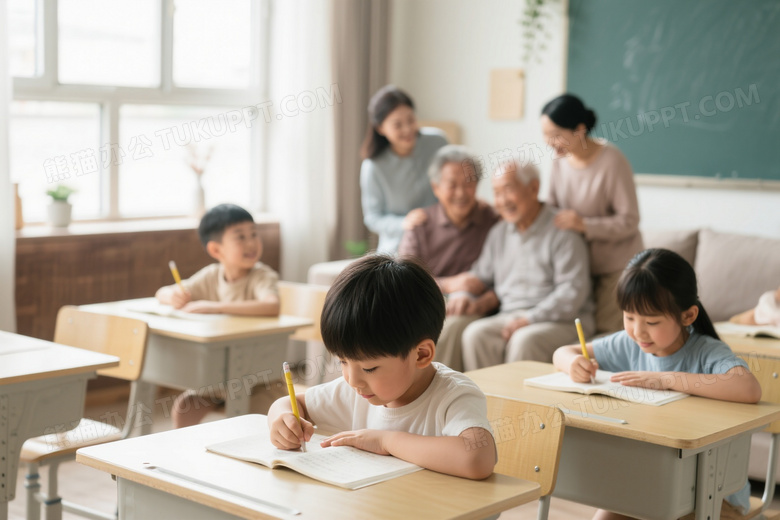小孩在明亮教室认真学习
