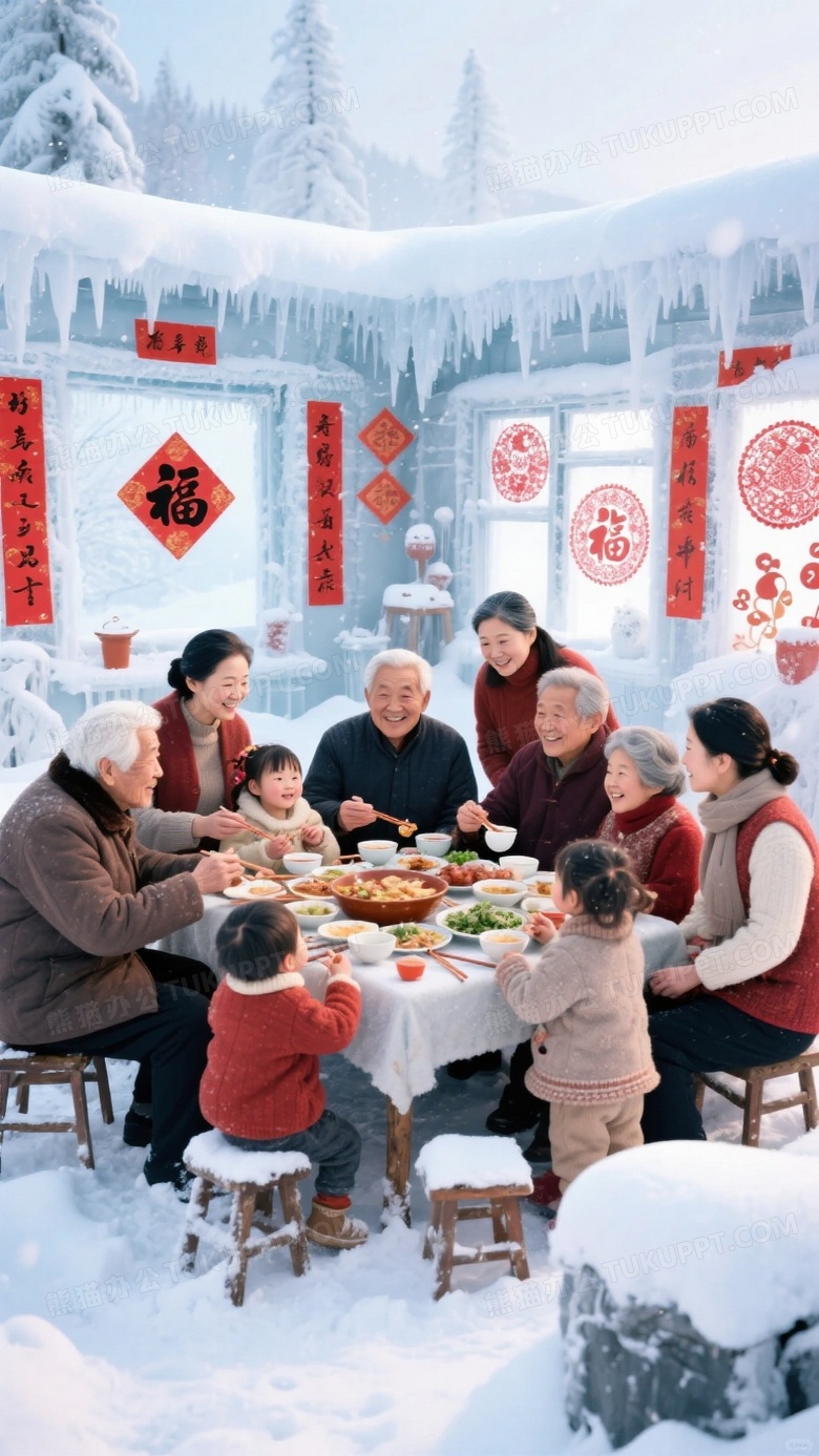 千里冰封万里雪飘在冰雪世界里一家人其乐融融的在吃团圆饭