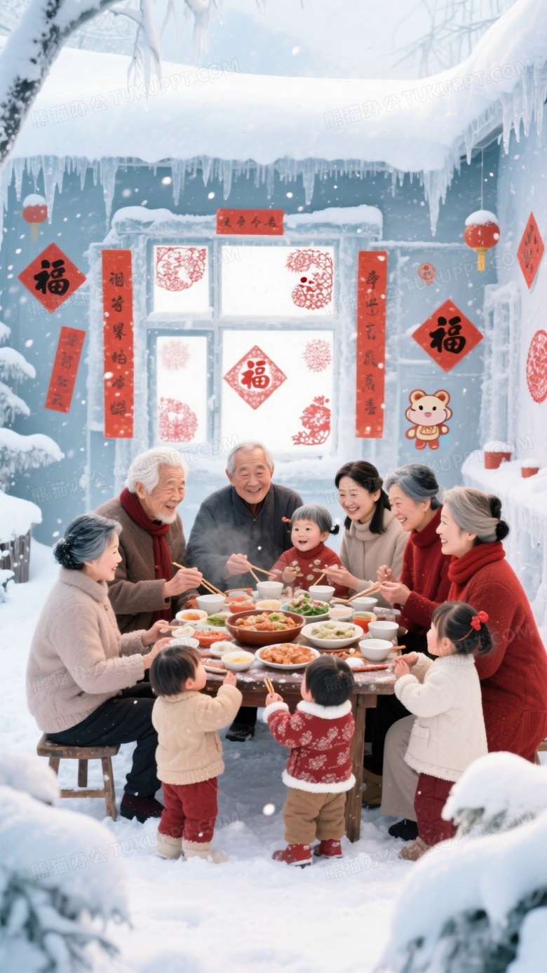 千里冰封万里雪飘在冰雪世界里一家人其乐融融的在吃团圆饭