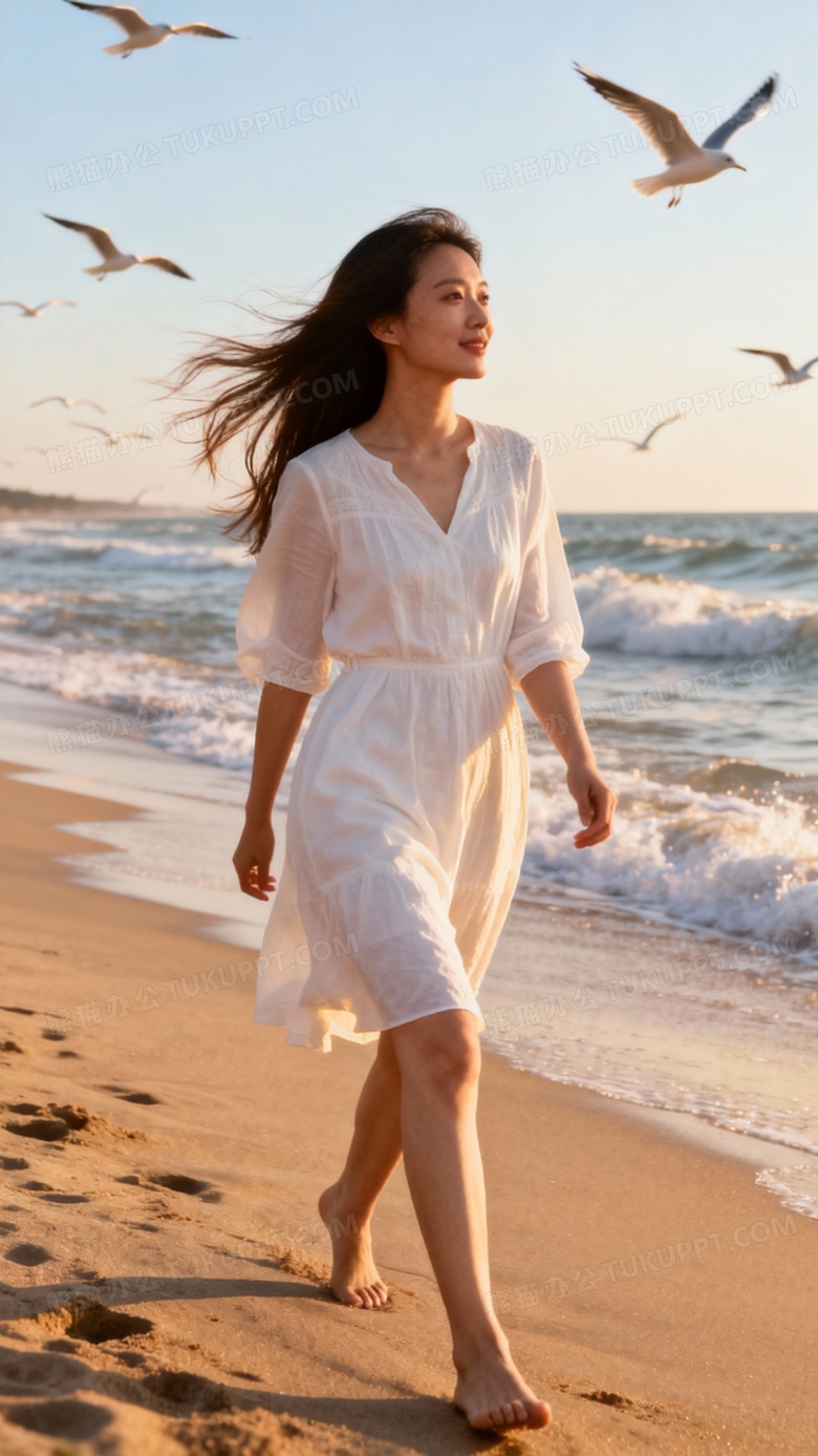 美女海边散步图片