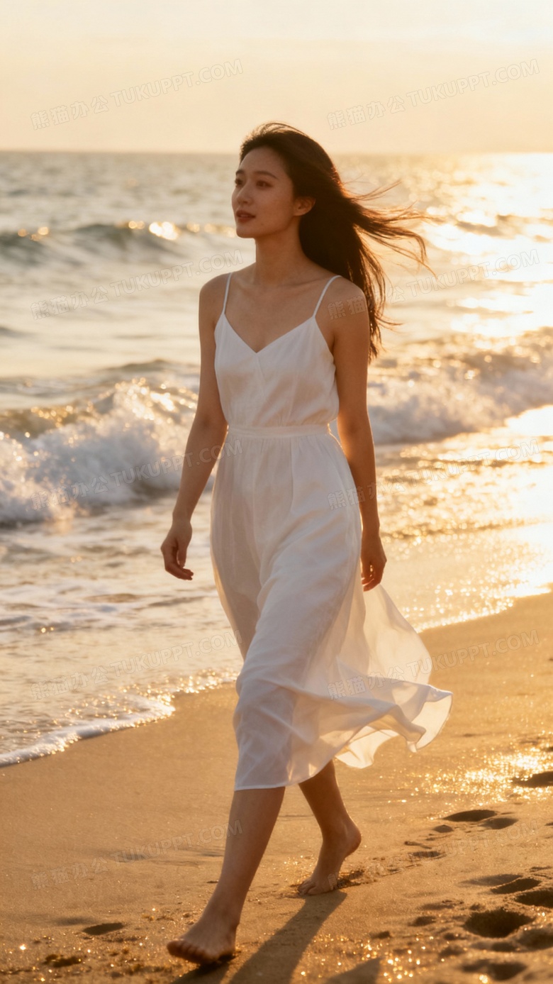 美女海边散步图片