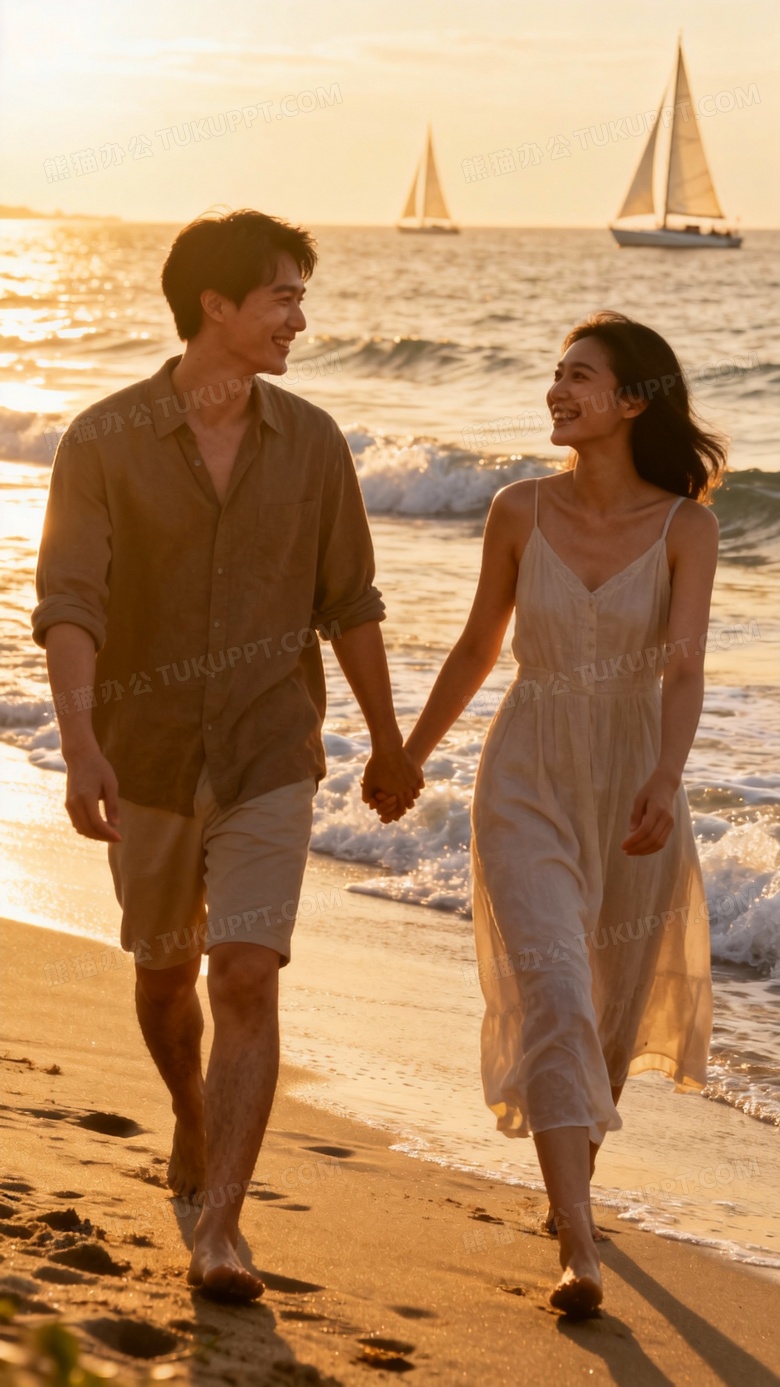 一对年轻夫妻海边散步图片